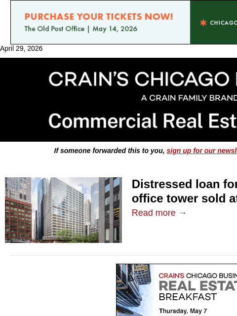 crainalerts newsletter: Loop office tower loan sold at steep discount