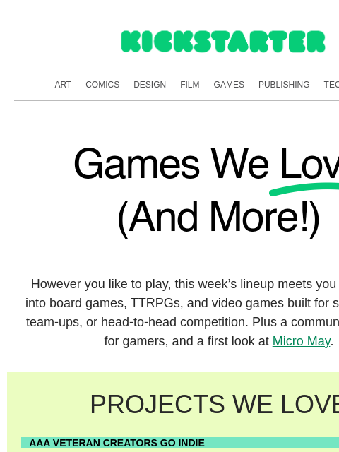 kickstarter newsletter: Find your next way to play