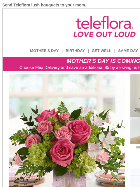 Send Teleflora lush bouquets to your mom. View in browser ‌ teleflora MOTHER'S DAY | BIRTHDAY | GET WELL | SAME DAY | DEAL OF THE DAY MOTHER'S DAY IS COMING! Choose Flex Delivery and save an