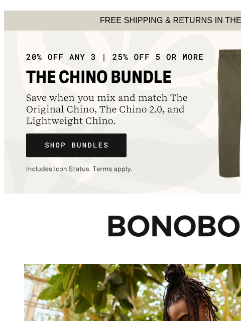 We'll make it real easy for you. Web Version FREE SHIPPING & RETURNS IN THE US Shop Chinos Bundles Bonobos Shop Shorts There's an order of operations for Summer. First things first: stock