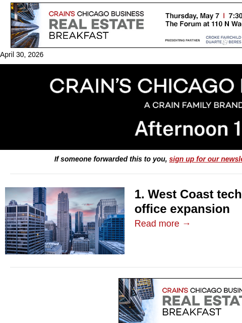 crainalerts newsletter: Big tech firm expansion in the works at Loop tower
