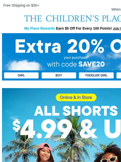childrensplace newsletter: Extra 20% Off your Entire Oirder Starts Now!