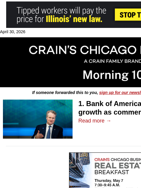crainalerts newsletter: Bank CEO bullish on Chicago wealth business​
