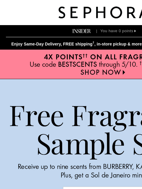 sephora newsletter: A FREE fragrance sample set 🌸 with $50 min. spend...