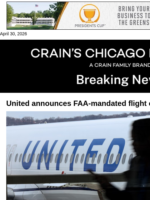 crainalerts newsletter: United announces FAA-mandated cuts at O'Hare