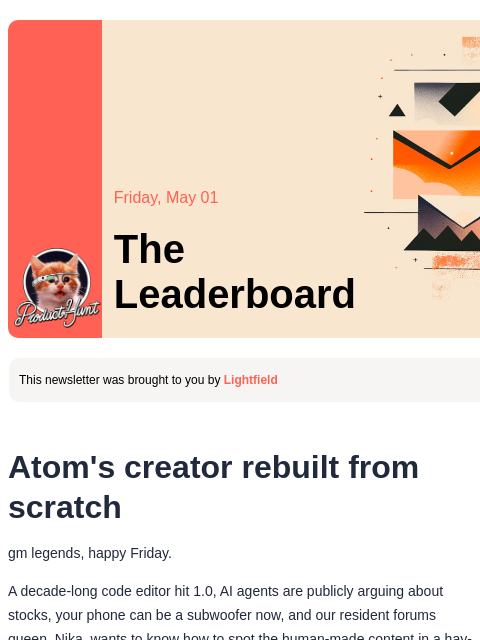 producthunt newsletter: 😸 Atom's creator rebuilt from scratch