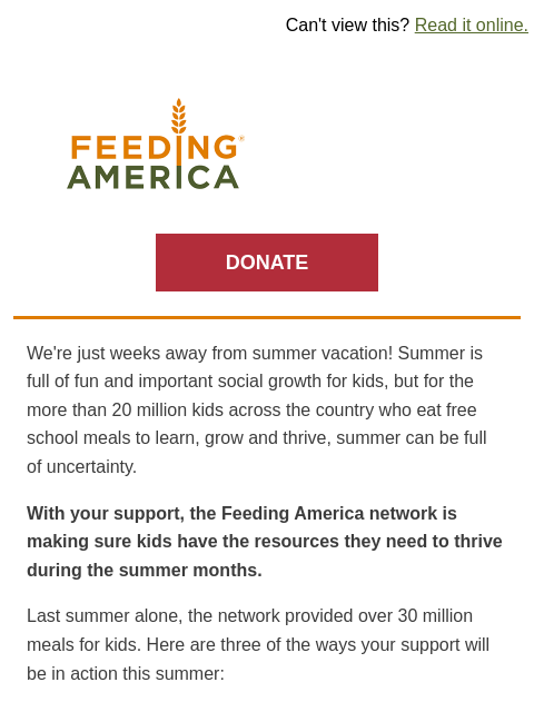 feedingamerica newsletter: How we provide meals for kids over the summer