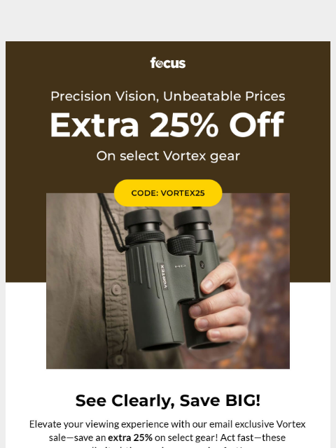 focuscamera newsletter: Flash Sale ⚡ Save 25% on select Vortex gear!