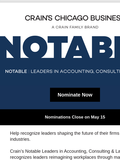 crainalerts newsletter: Nominate a Leader Reimagining the Workplace by May...