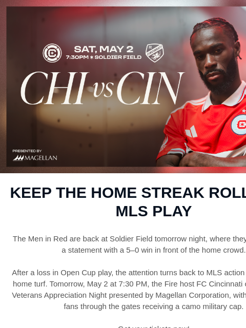 chicagofirefc newsletter: Keep the MLS Home Streak Rolling Tomorrow Night
