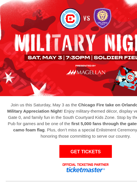 Join the Chicago Fire as they face Orlando City SC at Soldier Field, featuring military tributes, family fun, and giveaways! CHI vs ORL Join us this Saturday, May 3 as the Chicago Fire take on Orlando