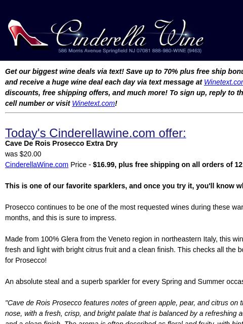 winelibrary newsletter: Cave De Rois Prosecco Extra Dry. Free Ship on 12