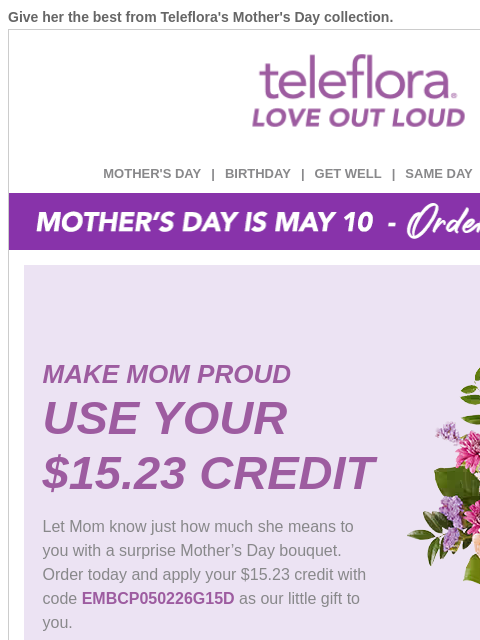teleflora newsletter: Re: Your [$15.23] Credit