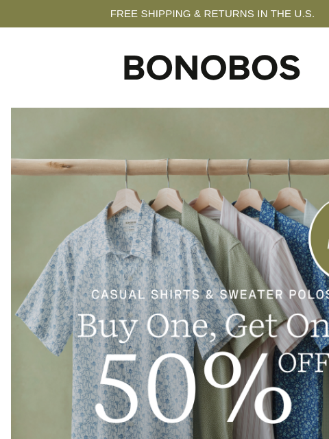 bonobos newsletter: Final Hours: BOGO 50% Off Shirts & Sweater Polos
