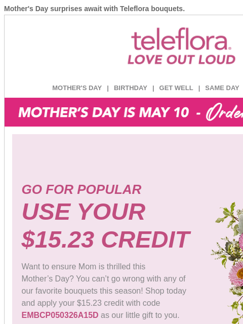teleflora newsletter: You Have a [$15.23] Credit!