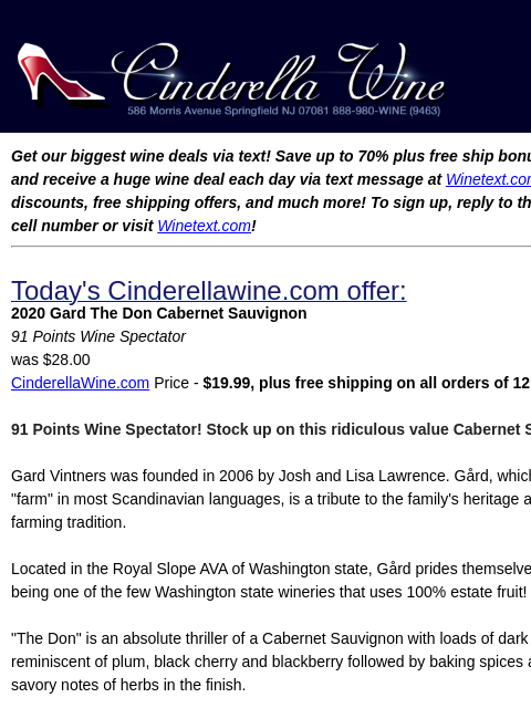 Get our biggest wine deals via text! Save up to 70% plus free ship bonus offers! Sign up and receive a huge wine deal each day via text message at Winetext.com! Massive price discounts, free shipping