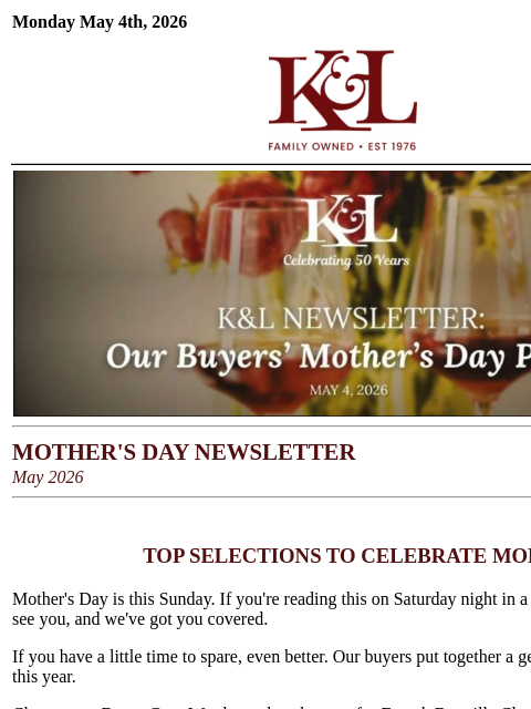 klwines newsletter: K&L Newsletter: Mother's Day Selections