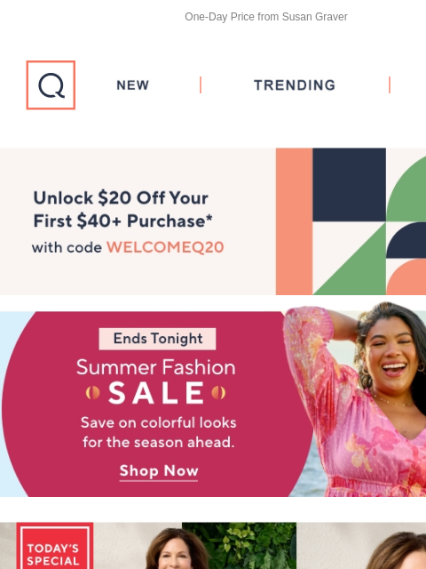 One-Day Price from Susan Graver QVC New TRENDING DEALS Unlock $20 off Your First Purchase summer fashion sale Susan Graver TSV Header Outdoor Entertainng Gold Jewelry Hair Care Age of Possibility Susan