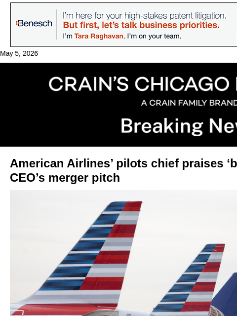 crainalerts newsletter: American Airlines' pilots chief likes United CEO's...
