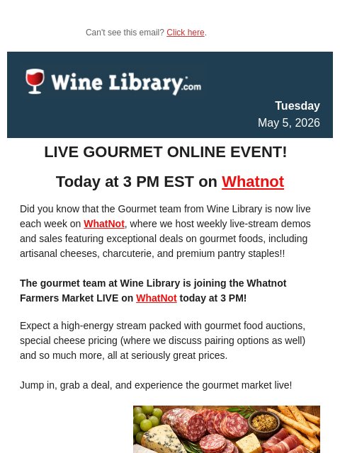 winelibrary newsletter: Live online gourmet event today! Details inside!