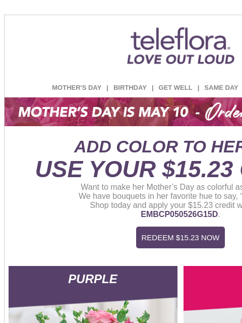 teleflora newsletter: Re: Your [$15.23] Credit Expires Soon