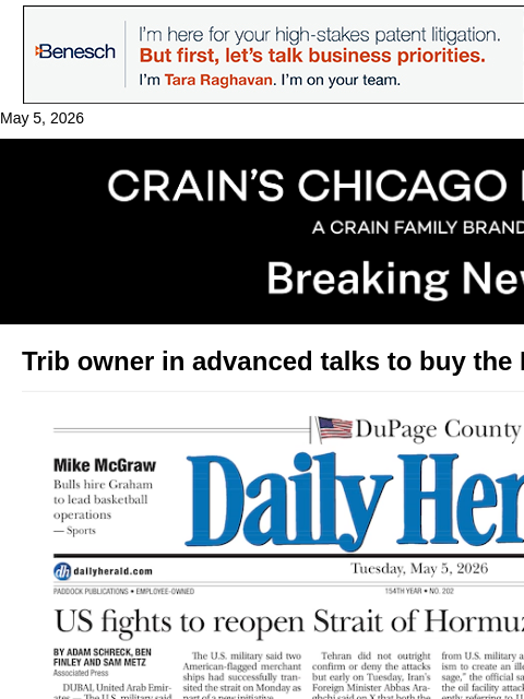 crainalerts newsletter: Trib owner Alden in advanced talks to buy the Dail...
