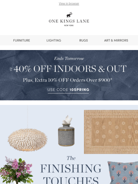 onekingslane newsletter: Lighting, Rugs, Art & More — Up to 40% Off