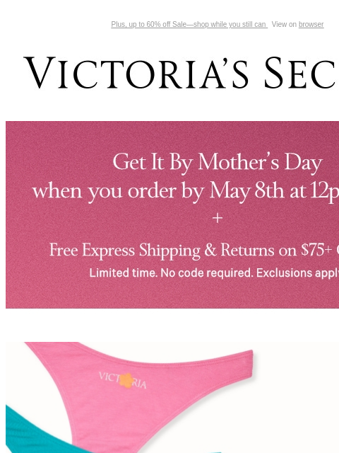 Plus, up to 60% off Sale—shop while you still can View on browser Victoria's Secret Introduction Shop Now Shop Now Shop Now Display images to show real-time content Display images to show real-time