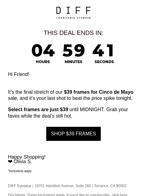 diffeyewear newsletter: Last Call! $39 Frames Before They're Gone 😱