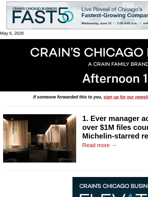 crainalerts newsletter: Ever manager countersues Michelin-starred restaura...