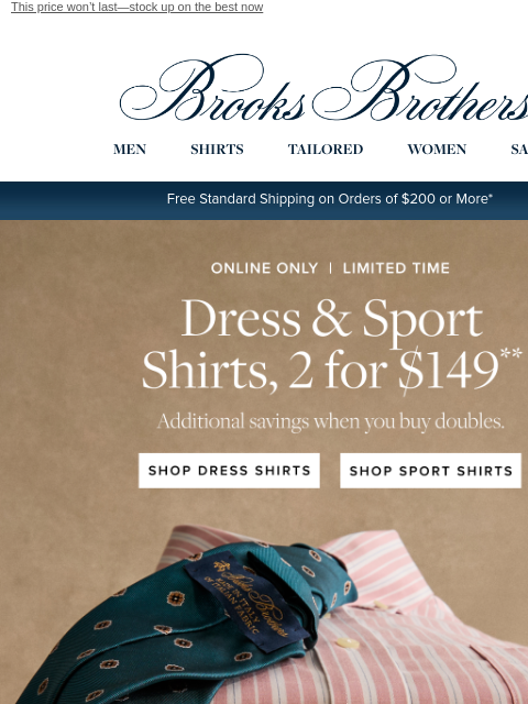 brooksbrothers newsletter: Dress & sport shirts, 2 for $149