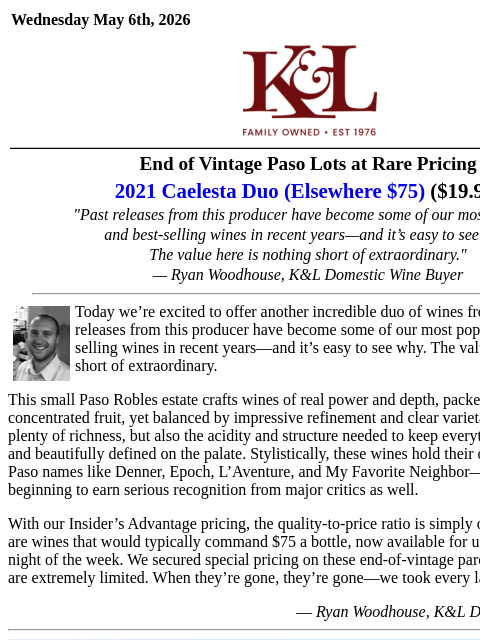klwines newsletter: End-of-vintage math: $75 wines, under $20