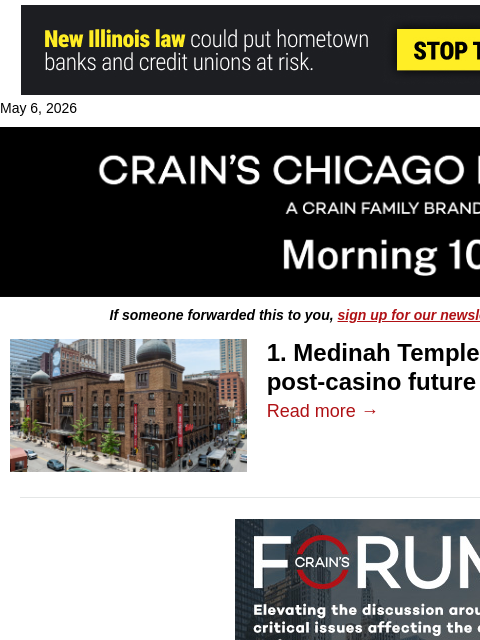crainalerts newsletter: Medinah Temple looks to post-casino future​