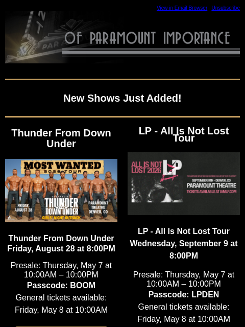 kroenkeentertainment newsletter: New Shows Added + Mother's Day Special Offers!