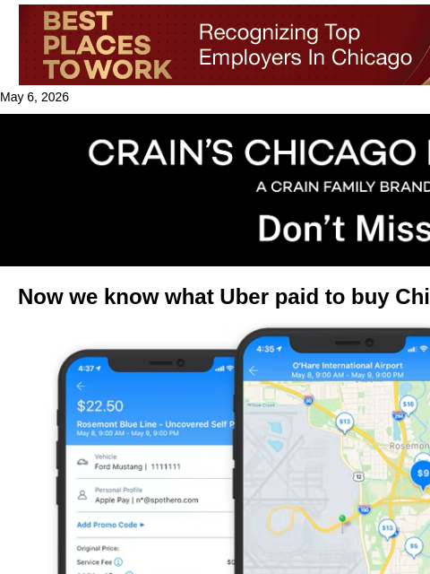 crainalerts newsletter: What did Uber pay to buy SpotHero? Now we know.
