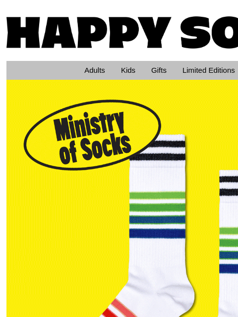 Our new drop is here, featuring some of our most dance-friendly socks yet. You won't want to miss this! Happy Socks logo Happy Socks logo Adults Kids Gifts Limited Editions Sale Ministry Of Socks