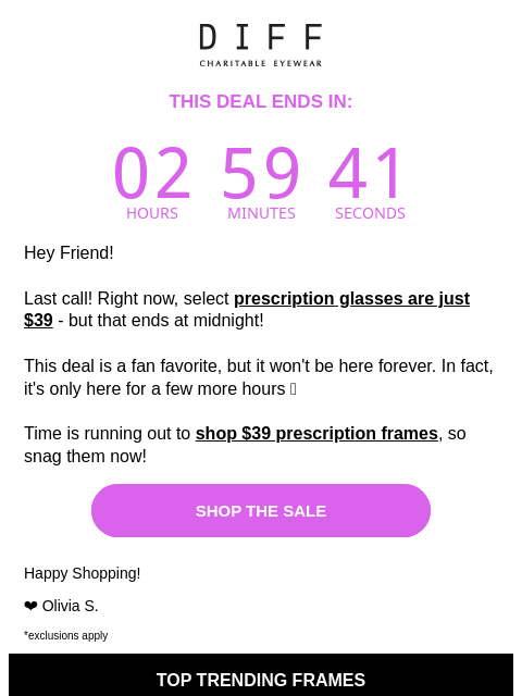 diffeyewear newsletter: ENDS TONIGHT! $39 Prescription Glasses 😱