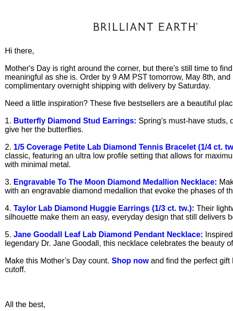 brilliantearth newsletter: Order by 9AM PT tomorrow for FREE overnight shippi...