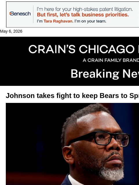 crainalerts newsletter: Johnson takes Bears fight to the capitol