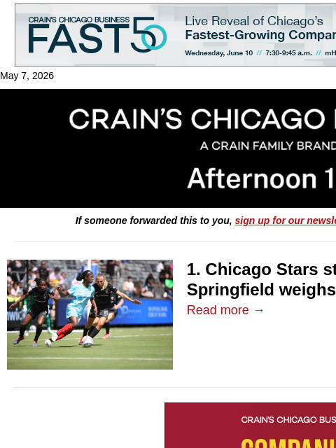 crainalerts newsletter: Chicago Stars stadium talks heat up