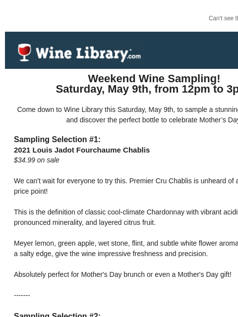 winelibrary newsletter: Sample the perfect gift for Mom this Saturday!