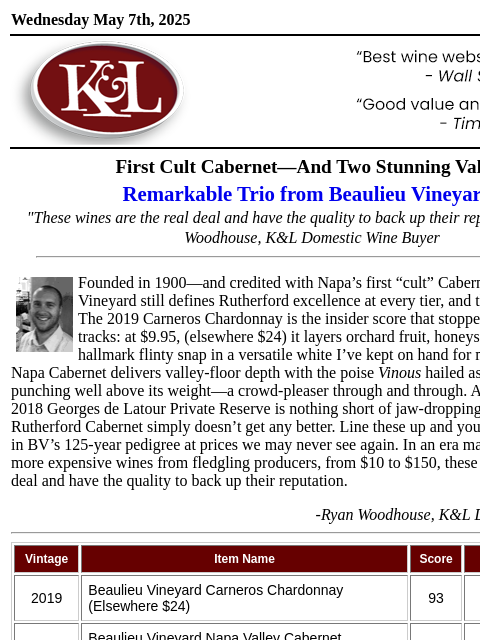 “Stunning value—one of the best in Napa Valley.” —Vinous... Wednesday May 7th, 2025 View in Browser KL-emailheader.gif First Cult Cabernet—And Two Stunning Values Remarkable Trio from Beaulieu