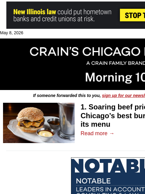 crainalerts newsletter: Beef prices squeeze Chicago restaurant menus