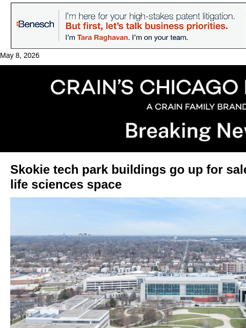 crainalerts newsletter: Skokie tech buildings go up for sale