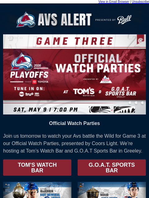 thecoloradoavalanche newsletter: ⛰️Watch Game 3 With Avs Faithful Tomorrow
