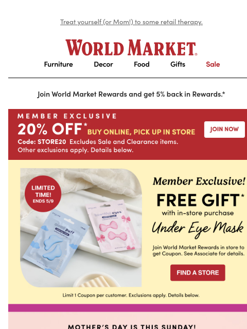 emailworldmarket newsletter: FREE GIFT! Relaxing eye mask + 20% off. ☺️