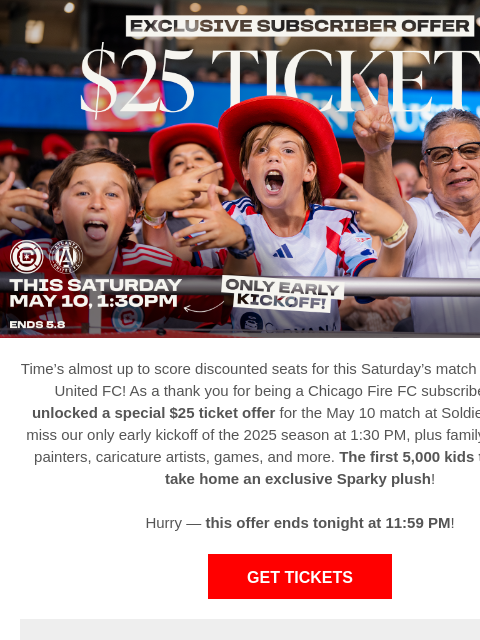 Time's running out to score discounted seats for Saturday's early kickoff and family fun at Soldier Field! $25 Flash Sale Time's almost up to score discounted seats for this Saturday's