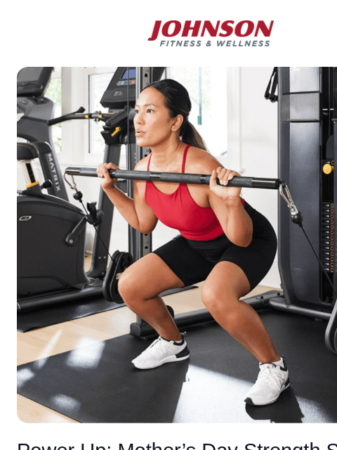 Unbeatable strength sales this Mother's Day! Johnson Fitness & Wellness Woman performing a barbell squat on Matrix FTR30 functional trainer Power Up: Mother's Day Strength Savings! Show off