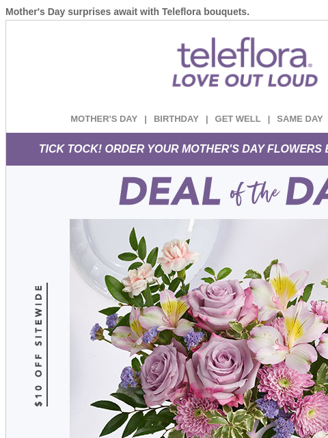 Mother's Day surprises await with Teleflora bouquets. View in browser ‌ teleflora MOTHER'S DAY | BIRTHDAY | GET WELL | SAME DAY | DEAL OF THE DAY TICK TOCK! ORDER YOUR MOTHER'S DAY FLOWERS