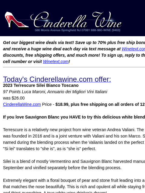 Get our biggest wine deals via text! Save up to 70% plus free ship bonus offers! Sign up and receive a huge wine deal each day via text message at Winetext.com! Massive price discounts, free shipping